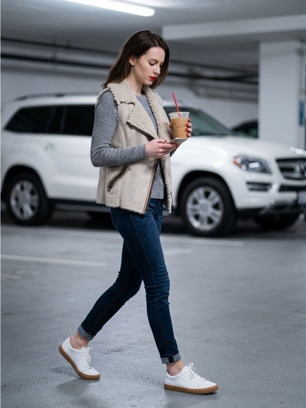 Bershka Cream Shearling Genuine Suede Vest